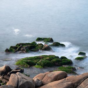 Preview wallpaper stones, moss, water, waves, nature