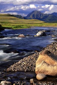 Preview wallpaper stones, mountain river, greens, day