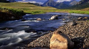 Preview wallpaper stones, mountain river, greens, day