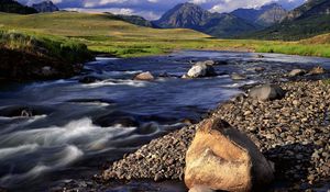 Preview wallpaper stones, mountain river, greens, day