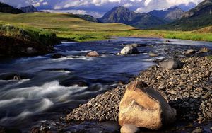 Preview wallpaper stones, mountain river, greens, day