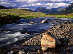 Preview wallpaper stones, mountain river, greens, day