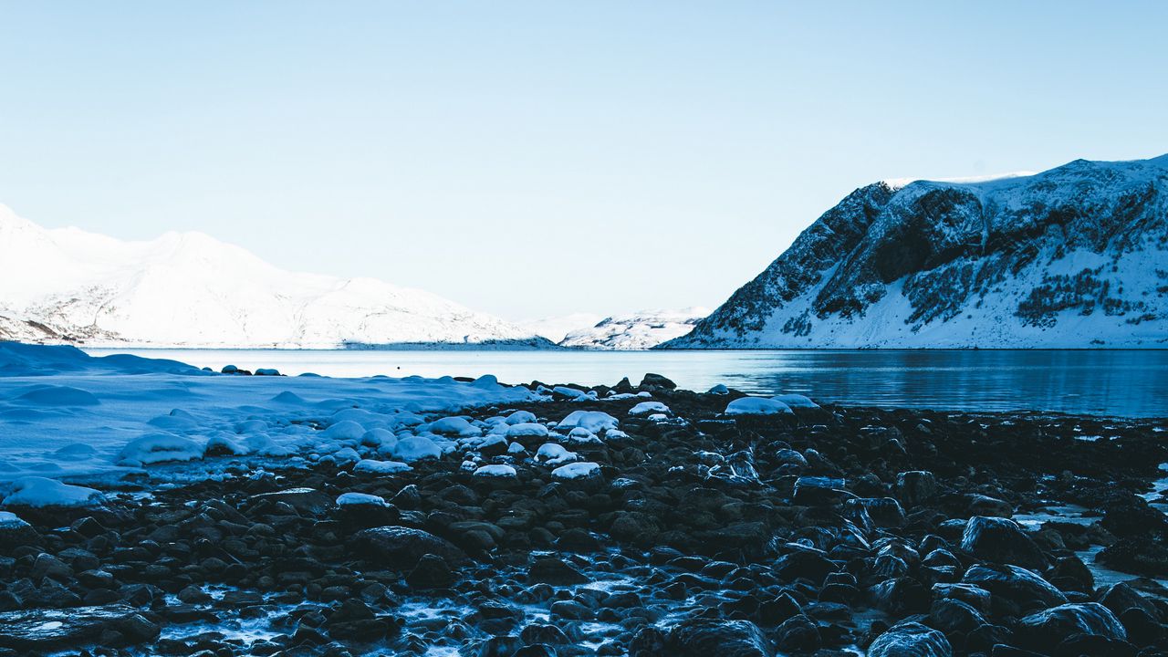 Wallpaper stones, mountains, lake, snow, sky