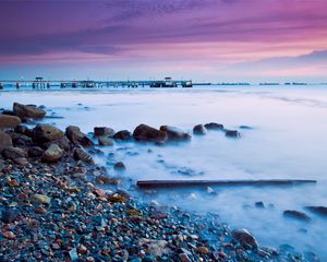 Preview wallpaper stones, pebble, coast, evening, fog, malaysia, resort