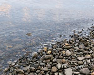 Preview wallpaper stones, pebble, water, coast, bottom, transparent, humidity