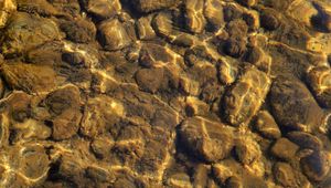 Preview wallpaper stones, pebbles, glare, water, bottom, underwater