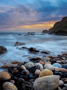 Preview wallpaper stones, pebbles, shore, sea, fog