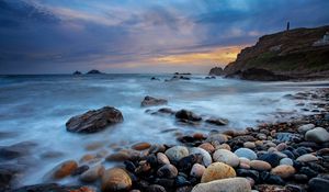 Preview wallpaper stones, pebbles, shore, sea, fog