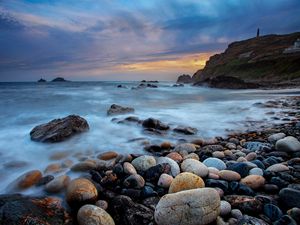 Preview wallpaper stones, pebbles, shore, sea, fog