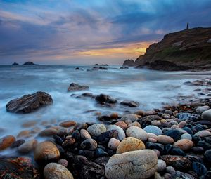 Preview wallpaper stones, pebbles, shore, sea, fog