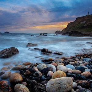 Preview wallpaper stones, pebbles, shore, sea, fog