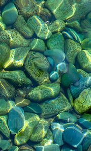 Preview wallpaper stones, pebbles, water, glare, distortion