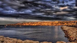 Preview wallpaper stones, pier, sea, clouds, sky