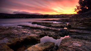 Preview wallpaper stones, plate, coast, evening, water, fog