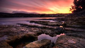 Preview wallpaper stones, plate, coast, evening, water, fog