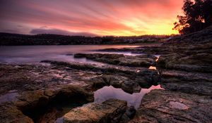 Preview wallpaper stones, plate, coast, evening, water, fog