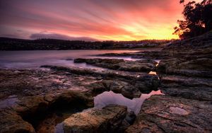 Preview wallpaper stones, plate, coast, evening, water, fog