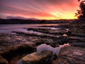 Preview wallpaper stones, plate, coast, evening, water, fog