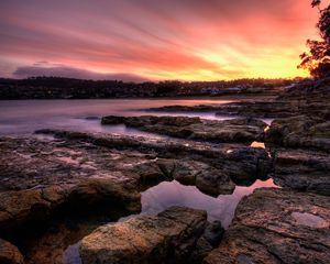 Preview wallpaper stones, plate, coast, evening, water, fog