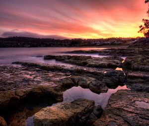 Preview wallpaper stones, plate, coast, evening, water, fog