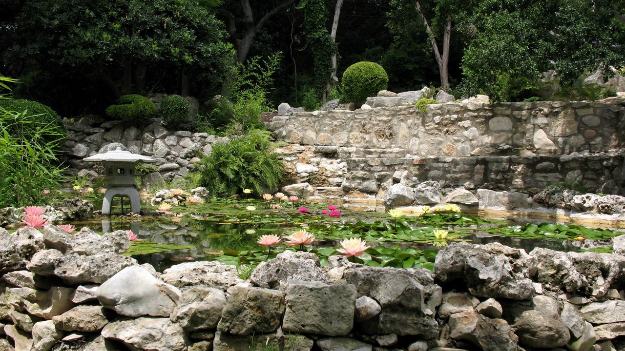 Wallpaper stones, pond, china, garden, water-lilies, harmony, lamp