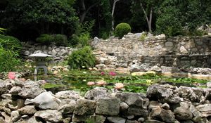 Preview wallpaper stones, pond, china, garden, water-lilies, harmony, lamp