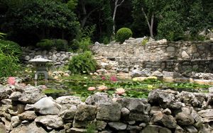 Preview wallpaper stones, pond, china, garden, water-lilies, harmony, lamp