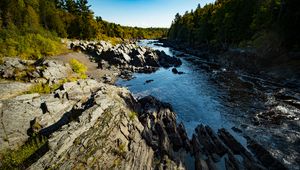 Preview wallpaper stones, relief, river, forest, trees