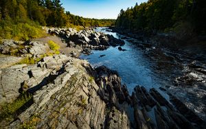 Preview wallpaper stones, relief, river, forest, trees