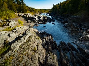 Preview wallpaper stones, relief, river, forest, trees