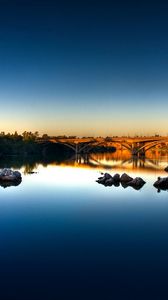 Preview wallpaper stones, river, bridge, morning, water smooth surface, dawn