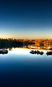 Preview wallpaper stones, river, bridge, morning, water smooth surface, dawn