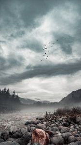 Preview wallpaper stones, river, fog, forest, trees