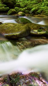 Preview wallpaper stones, river, long exposure, moss