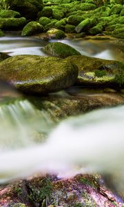 Preview wallpaper stones, river, long exposure, moss