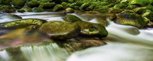 Preview wallpaper stones, river, long exposure, moss