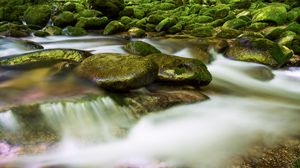 Preview wallpaper stones, river, long exposure, moss