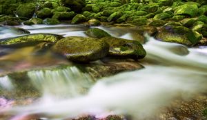 Preview wallpaper stones, river, long exposure, moss