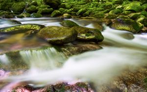 Preview wallpaper stones, river, long exposure, moss