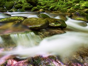 Preview wallpaper stones, river, long exposure, moss