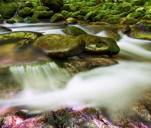 Preview wallpaper stones, river, long exposure, moss