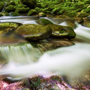 Preview wallpaper stones, river, long exposure, moss