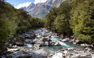 Preview wallpaper stones, river, mountains, trees, nature