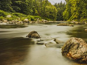 Preview wallpaper stones, river, shore, trees, long exposure