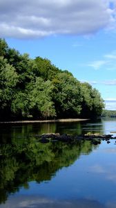 Preview wallpaper stones, river, trees, coast, summer, clouds