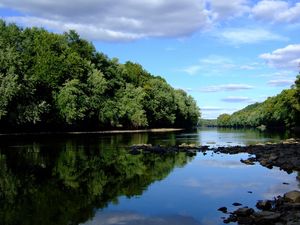 Preview wallpaper stones, river, trees, coast, summer, clouds