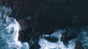 Preview wallpaper stones, rocks, aerial view, foam, sea