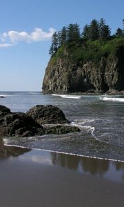 Preview wallpaper stones, rocks, coast, beach, sand, waves, trees, sky