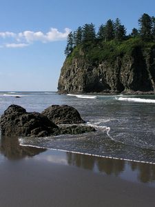 Preview wallpaper stones, rocks, coast, beach, sand, waves, trees, sky