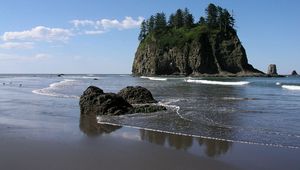 Preview wallpaper stones, rocks, coast, beach, sand, waves, trees, sky